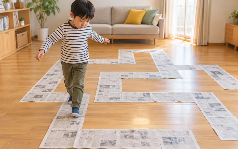 新聞紙迷路作りで遊ぶ子ども