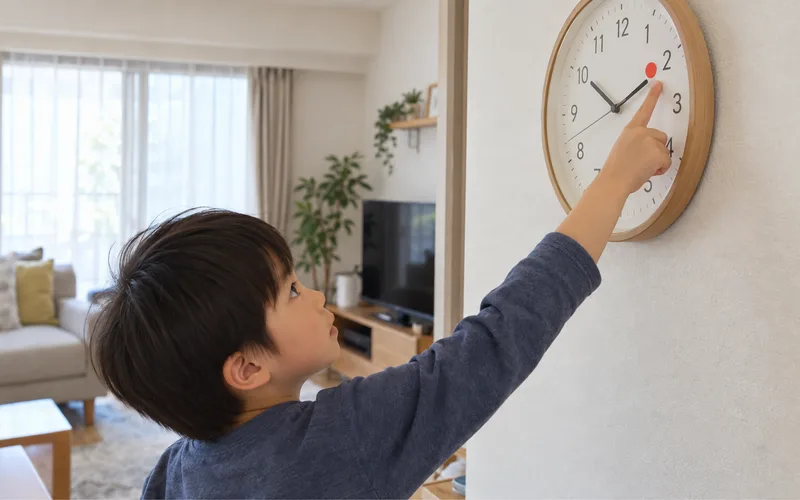 時計シールで出発ゲームで遊ぶ子ども