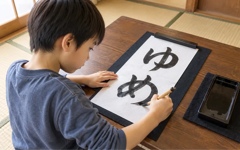 書き初めチャレンジで遊ぶ子ども