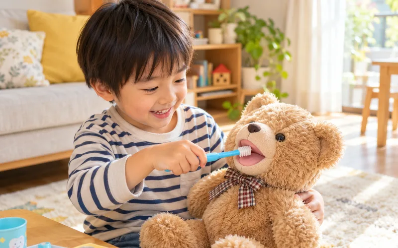 歯医者さんごっこで仕上げみがきで遊ぶ子ども