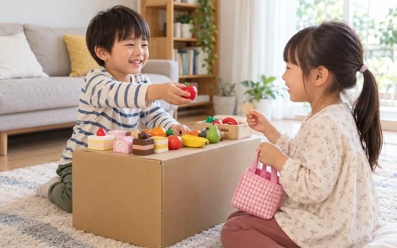 段ボールお店屋さんごっこで遊ぶ子ども