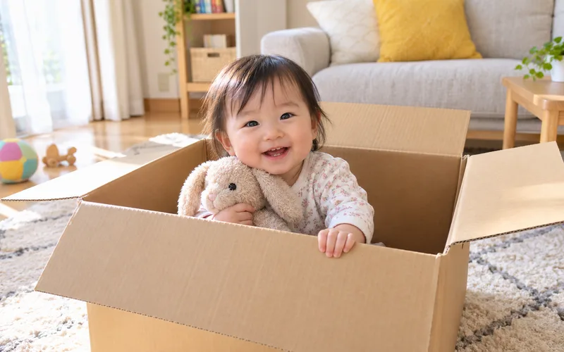 段ボールのおうちで遊ぶ子ども