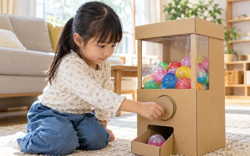 段ボールのガチャガチャで遊ぶ子ども