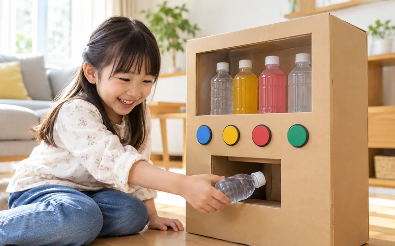 段ボールの自動販売機で遊ぶ子ども