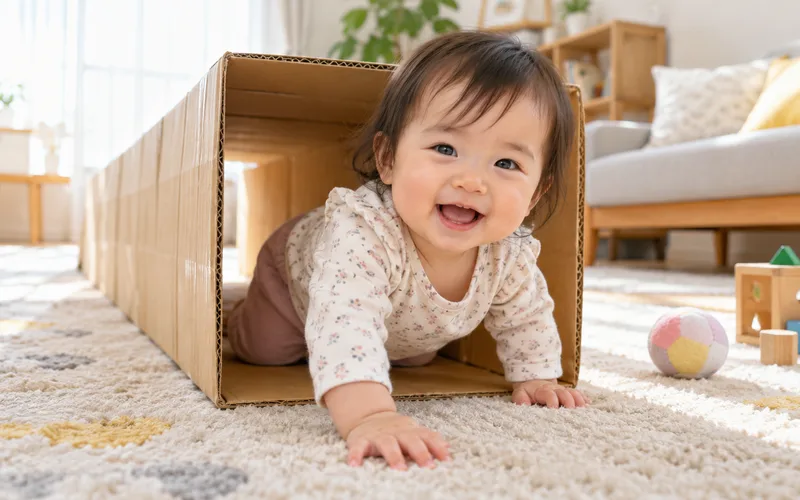 段ボールトンネルくぐりで遊ぶ子ども
