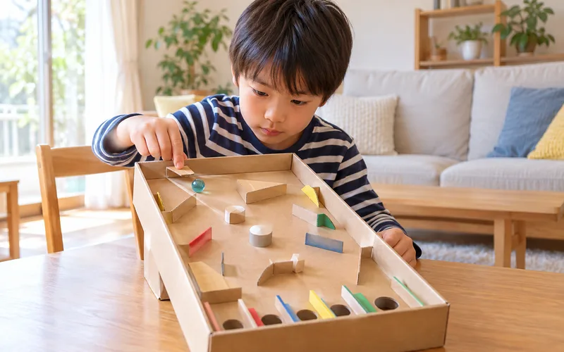 段ボールピンボールで遊ぶ子ども