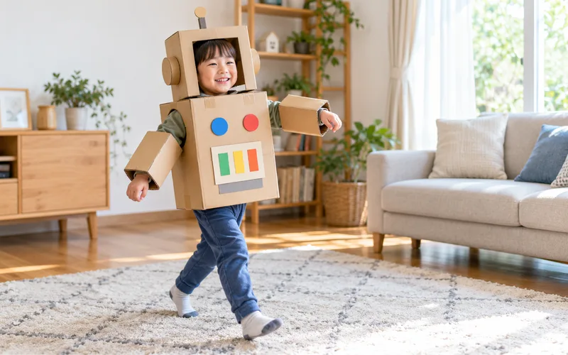 段ボールロボット変身ごっこで遊ぶ子ども