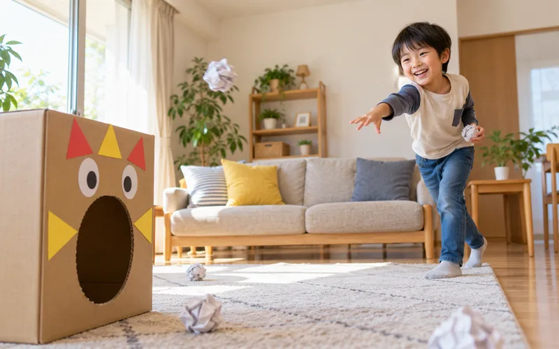 段ボール的当てゲームで遊ぶ子ども