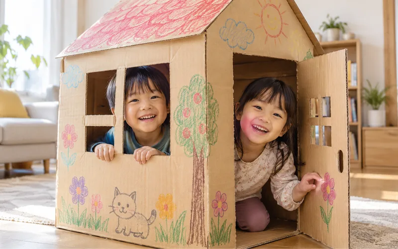段ボール秘密基地で遊ぶ子ども