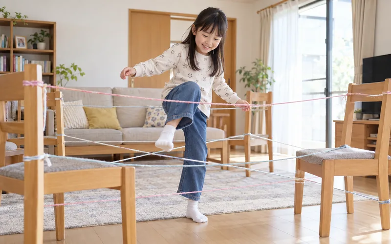 毛糸クモの巣くぐりで遊ぶ子ども