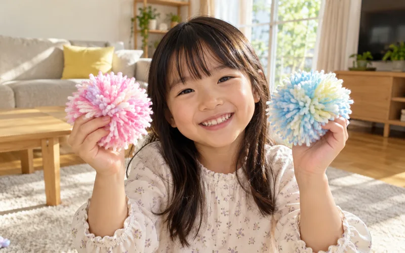 毛糸ポンポン作りで遊ぶ子ども