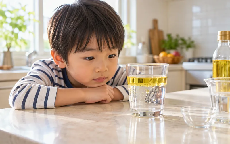 水と油の層タワーで遊ぶ子ども