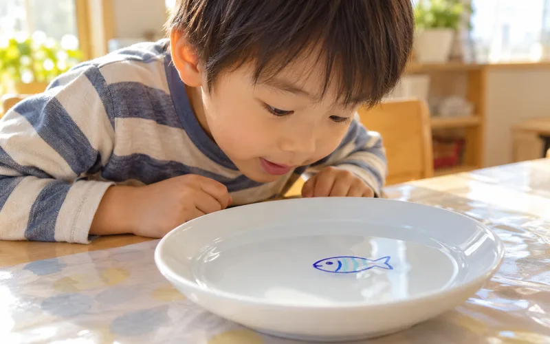 水に浮かぶお絵かきで遊ぶ子ども