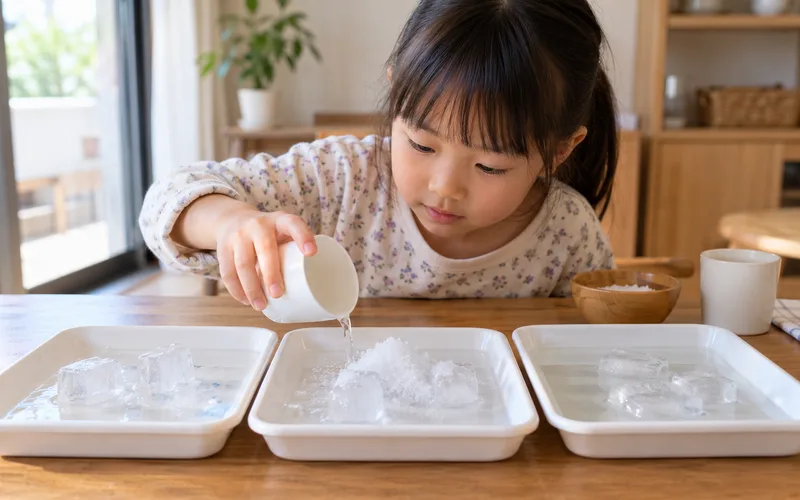 氷とけとけ実験で遊ぶ子ども