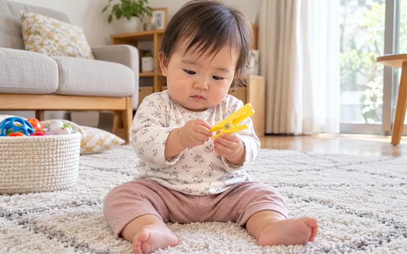 洗濯ばさみつまみつかみ遊びで遊ぶ子ども