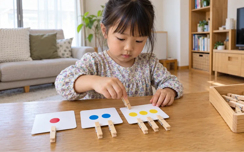 洗濯ばさみ数字あわせゲームで遊ぶ子ども