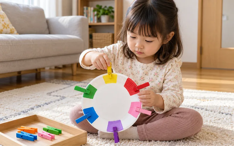 洗濯ばさみ色合わせで遊ぶ子ども