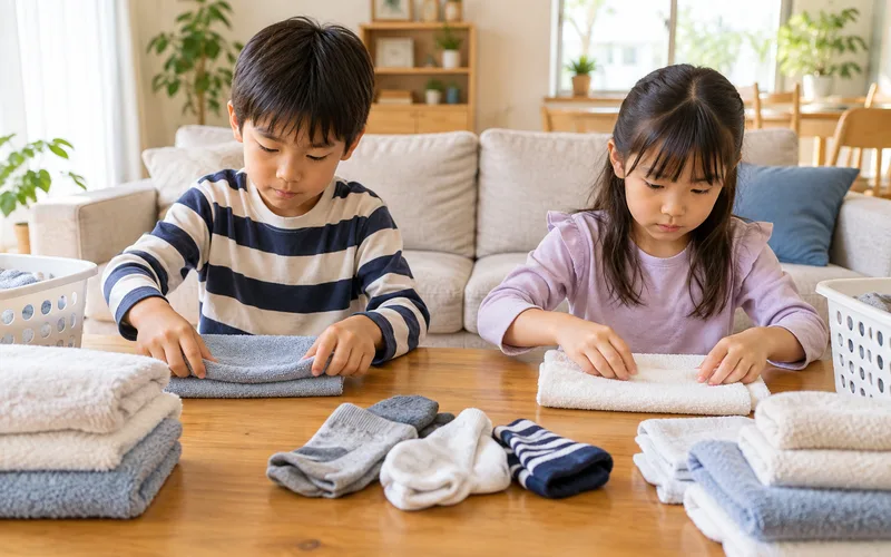 洗濯物たたみ競争で遊ぶ子ども