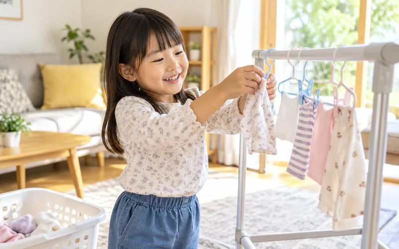 洗濯物ハンガーかけ遊びで遊ぶ子ども