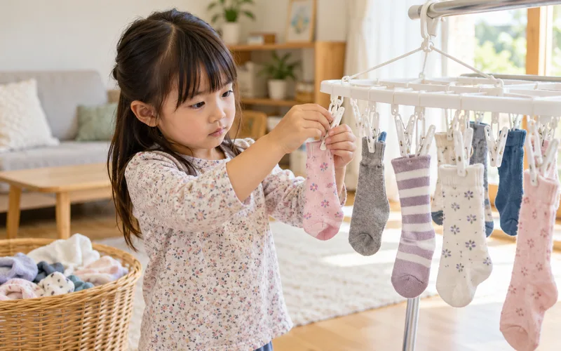 洗濯物干しのお手伝いで遊ぶ子ども