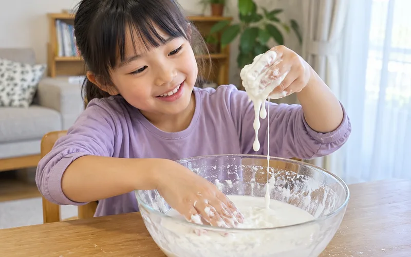 片栗粉ダイラタンシー実験で遊ぶ子ども