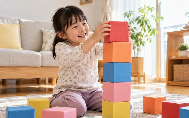 牛乳パックブロック積みで遊ぶ子ども