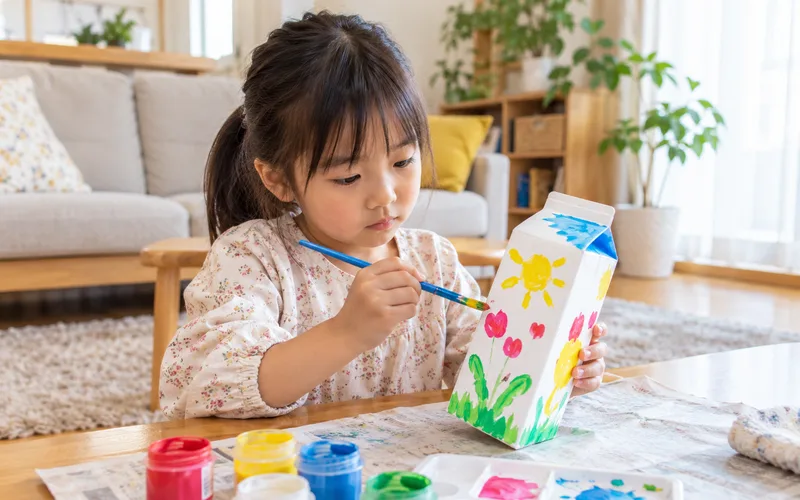牛乳パック貯金箱作りで遊ぶ子ども