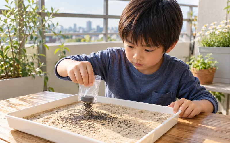 磁石で砂鉄集めで遊ぶ子ども