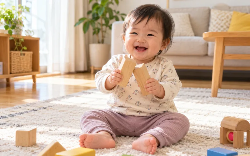 積み木たたき音あそびで遊ぶ子ども