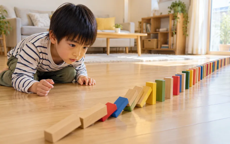 積み木ドミノ倒しで遊ぶ子ども