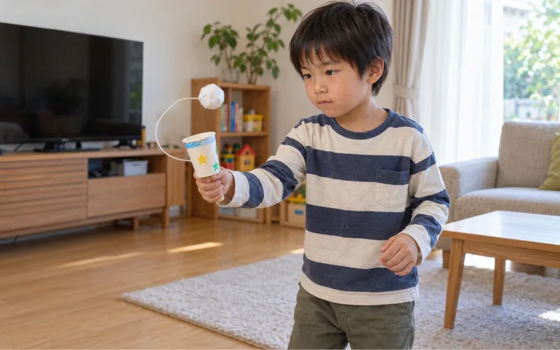 紙コップけん玉で遊ぶ子ども