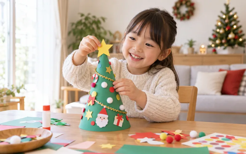紙のクリスマスツリーで遊ぶ子ども