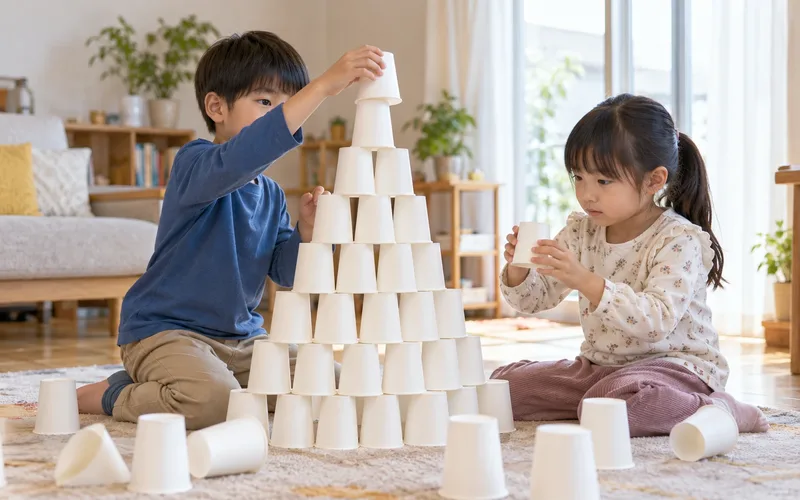 紙コップタワーで遊ぶ子ども