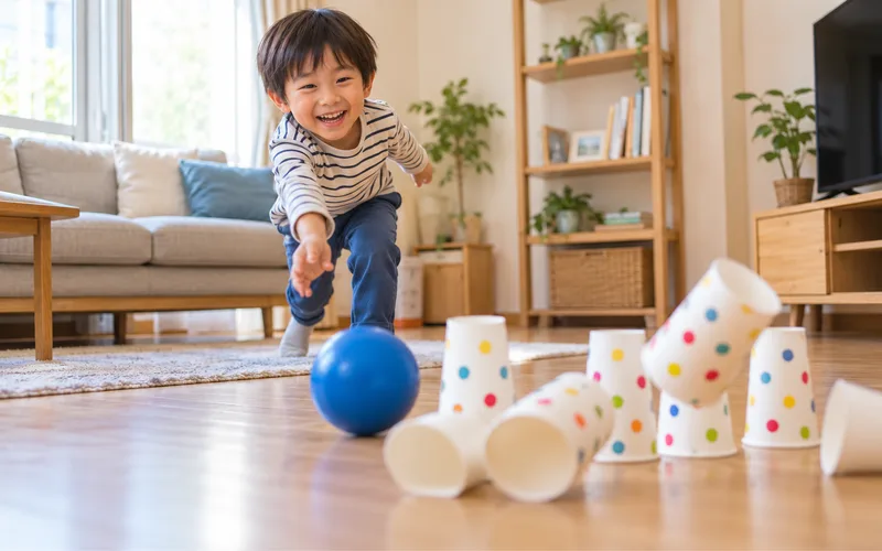 紙コップボウリングで遊ぶ子ども
