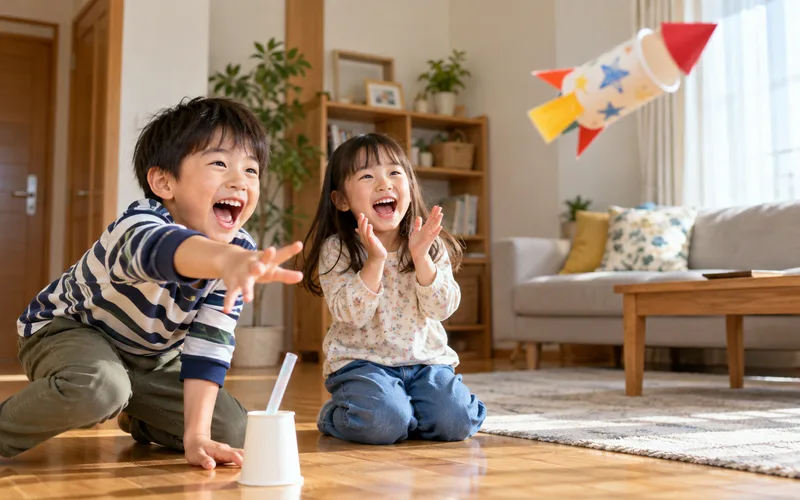 紙コップロケット飛ばしで遊ぶ子ども