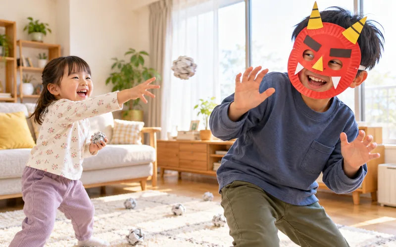 紙ボールでおうち豆まきで遊ぶ子ども