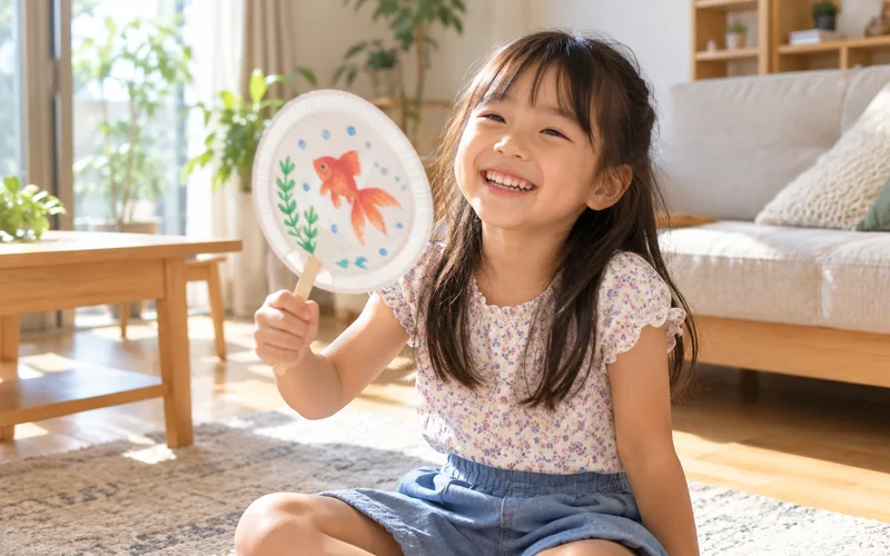 紙皿うちわづくりで遊ぶ子ども