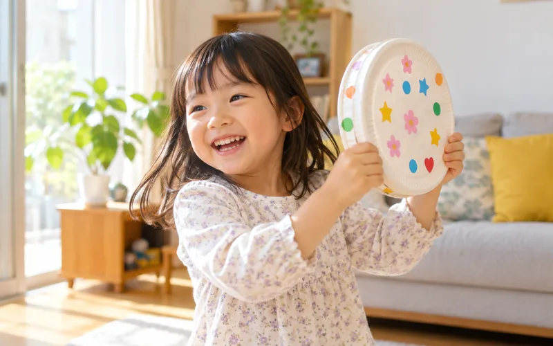 紙皿タンバリン作りで遊ぶ子ども