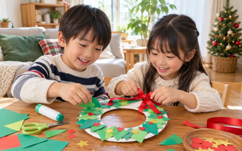 紙皿リースのクリスマス飾りで遊ぶ子ども