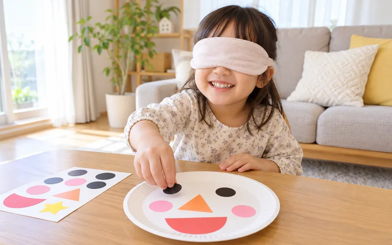 紙皿福笑いゲームで遊ぶ子ども