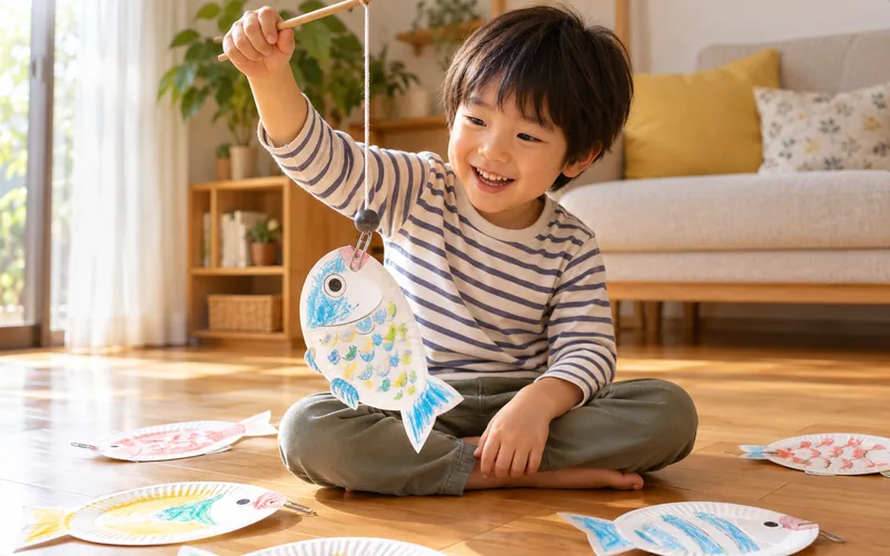 紙皿魚つり遊びで遊ぶ子ども