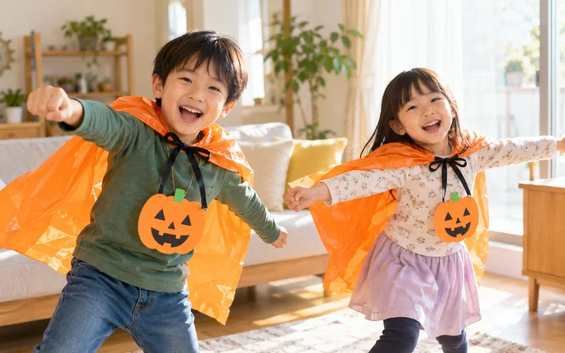 ポリ袋でハロウィン仮装で遊ぶ子ども