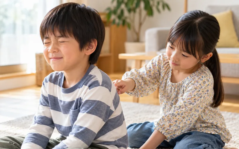 背中に数字当てゲームで遊ぶ子ども
