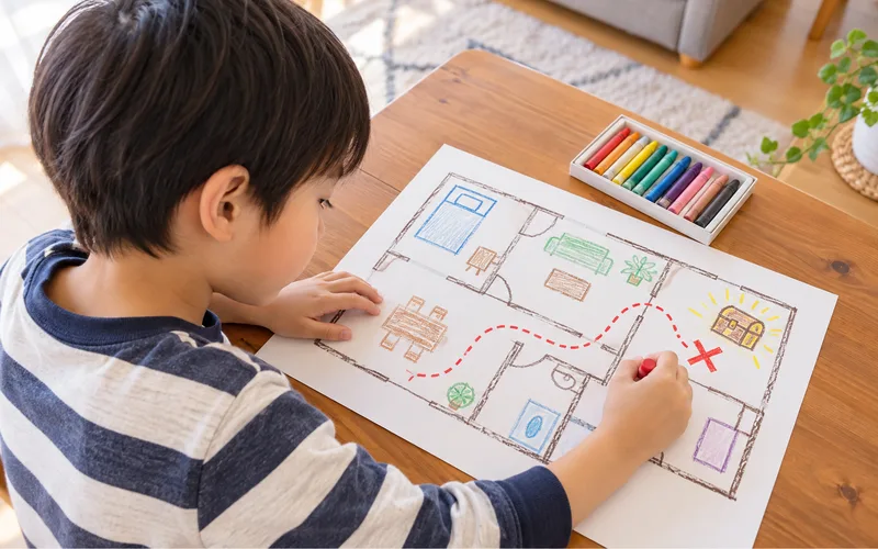自分だけの宝の地図作りで遊ぶ子ども
