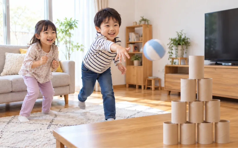 芯タワー崩しゲームで遊ぶ子ども