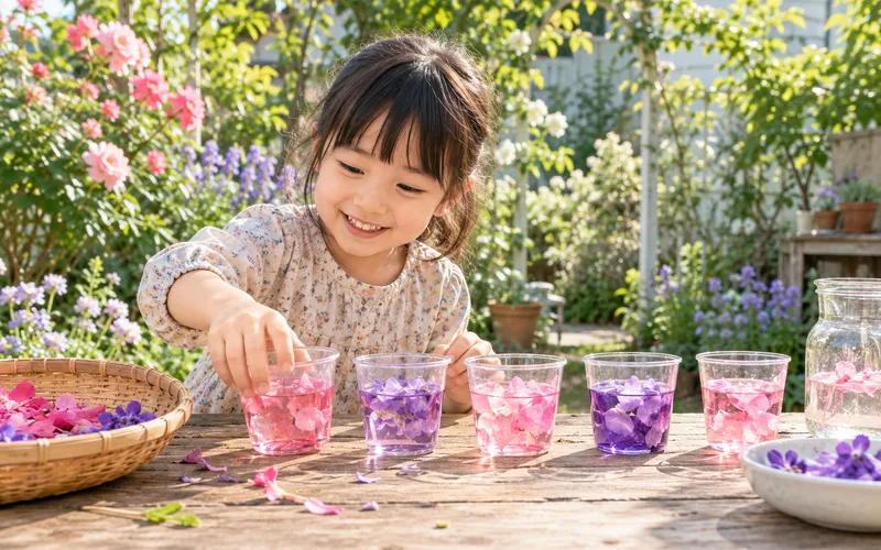 花の色水づくりで遊ぶ子ども