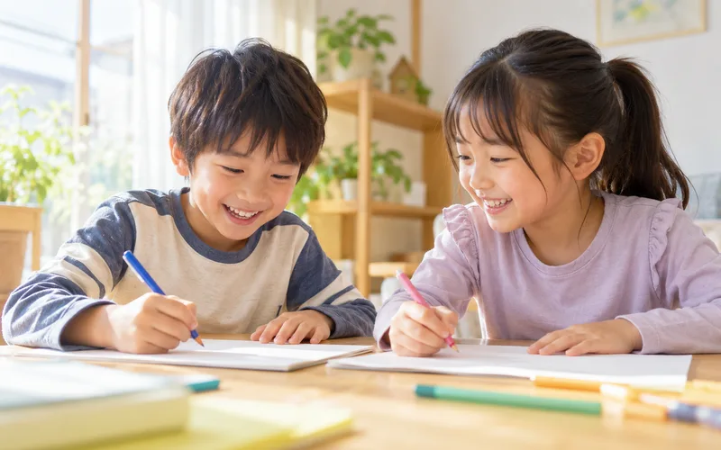 英語しりとりで遊ぶ子ども