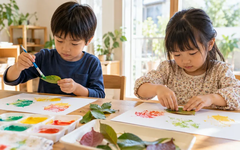 葉っぱスタンプアートで遊ぶ子ども