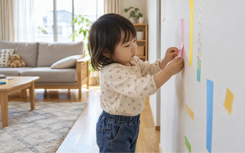 貼って剥がすペタペタ遊びで遊ぶ子ども