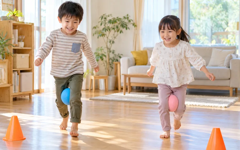 足はさみボール運びリレーで遊ぶ子ども